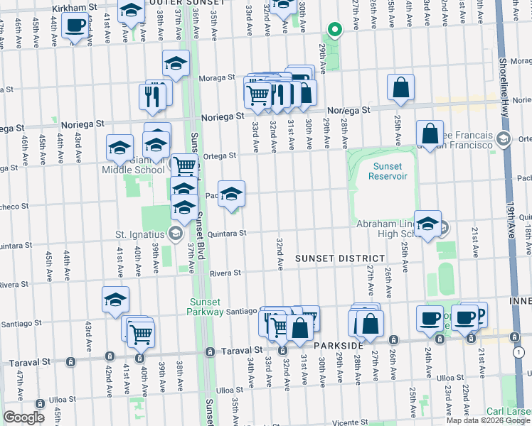 map of restaurants, bars, coffee shops, grocery stores, and more near 2043 33rd Avenue in San Francisco