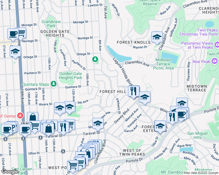 map of restaurants, bars, coffee shops, grocery stores, and more near 351 Pacheco Street in San Francisco