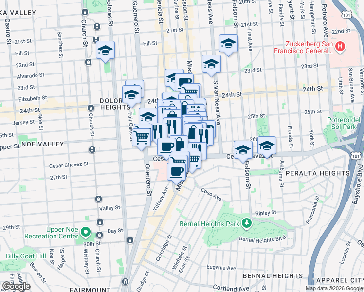 map of restaurants, bars, coffee shops, grocery stores, and more near 496 Bartlett Street in San Francisco