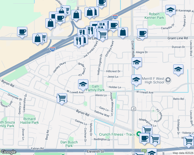 map of restaurants, bars, coffee shops, grocery stores, and more near 2343 Del Mar Court in Tracy