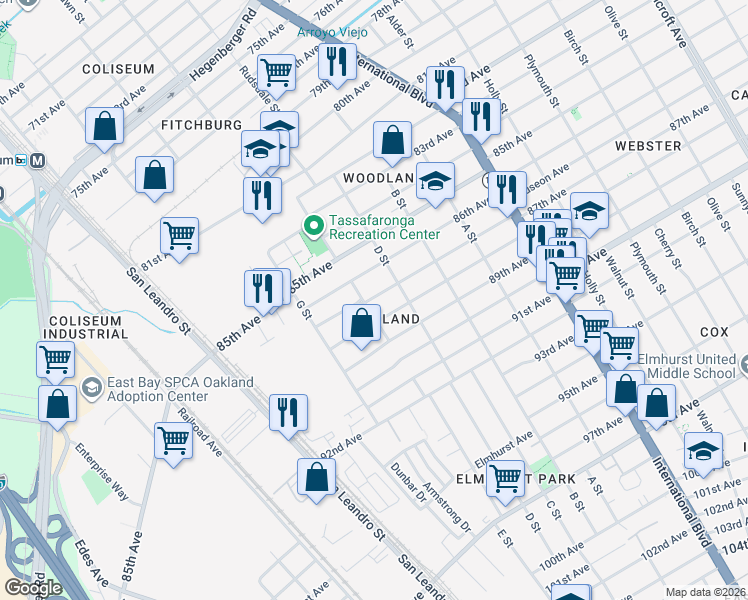 map of restaurants, bars, coffee shops, grocery stores, and more near 1003 87th Avenue in Oakland