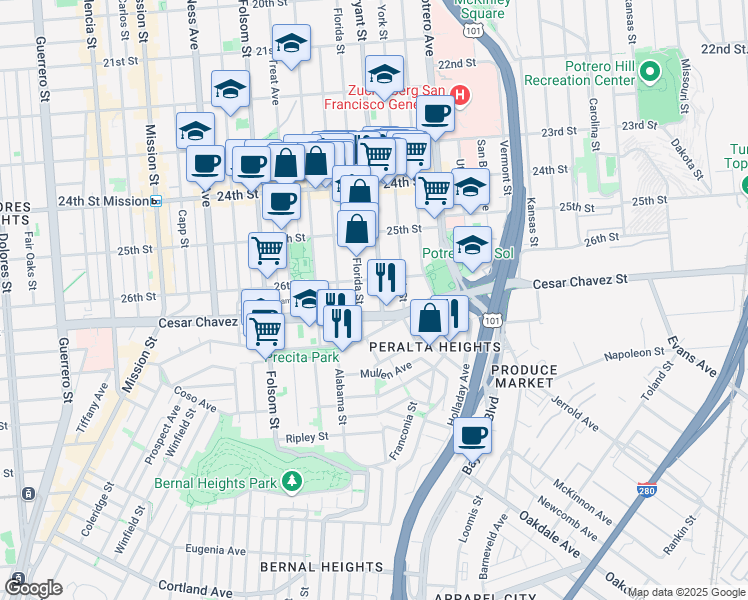 map of restaurants, bars, coffee shops, grocery stores, and more near 2834 Bryant Street in San Francisco