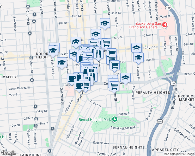 map of restaurants, bars, coffee shops, grocery stores, and more near 3353 26th Street in San Francisco