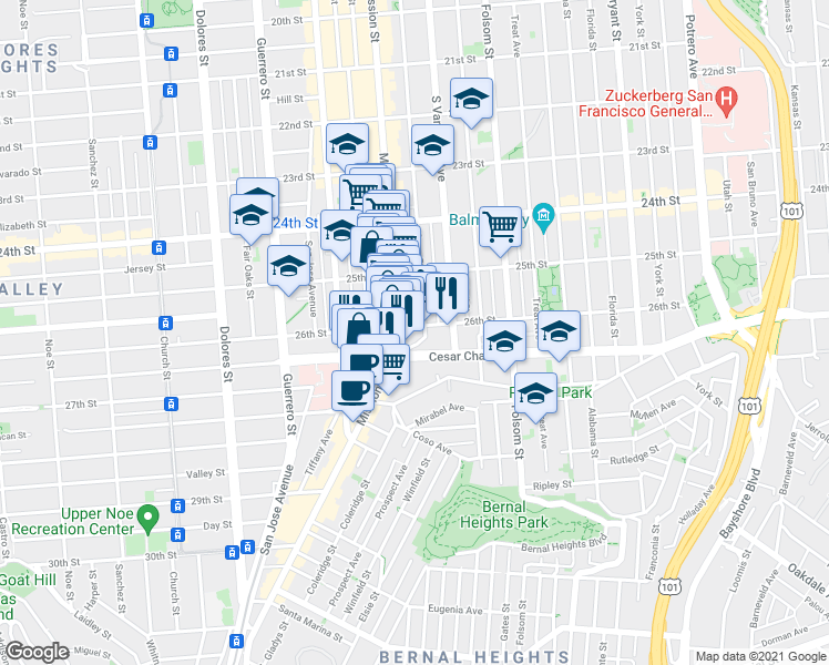 map of restaurants, bars, coffee shops, grocery stores, and more near None in San Francisco