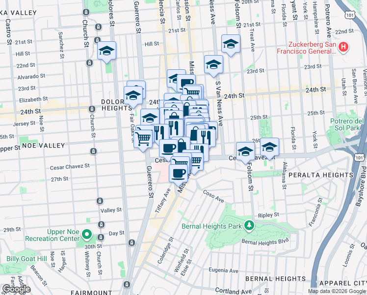 map of restaurants, bars, coffee shops, grocery stores, and more near 496 Bartlett Street in San Francisco