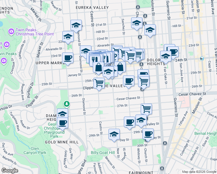 map of restaurants, bars, coffee shops, grocery stores, and more near 359 Clipper Street in San Francisco