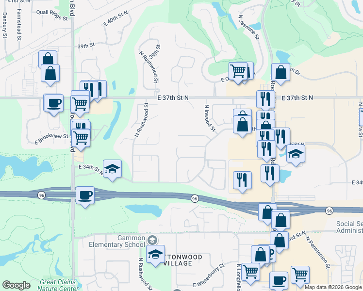 map of restaurants, bars, coffee shops, grocery stores, and more near 3629 Inwood Court in Wichita