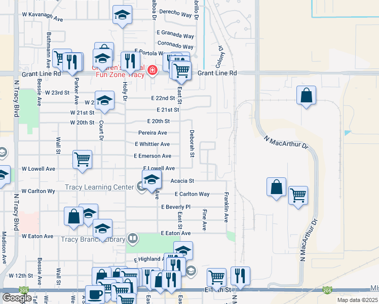 map of restaurants, bars, coffee shops, grocery stores, and more near 1805 Deborah Street in Tracy
