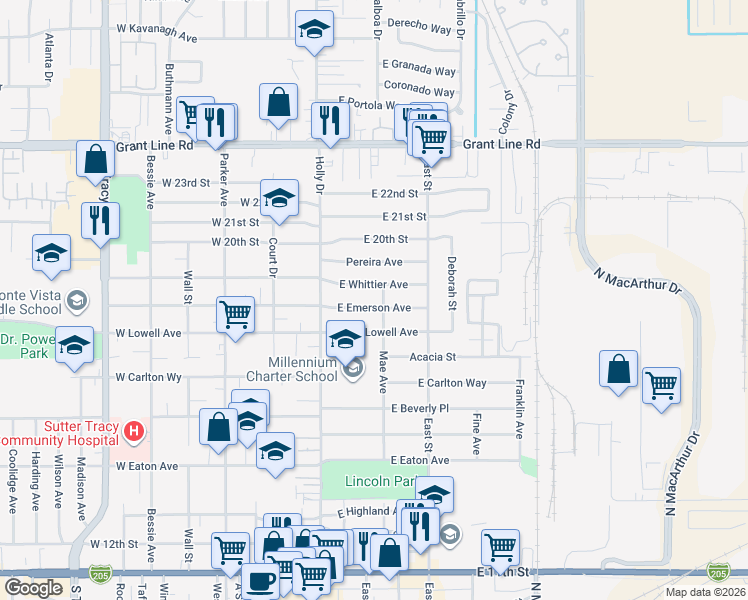 map of restaurants, bars, coffee shops, grocery stores, and more near 125 East Emerson Avenue in Tracy