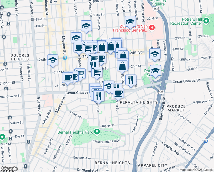 map of restaurants, bars, coffee shops, grocery stores, and more near 3128 Kamille Court in San Francisco