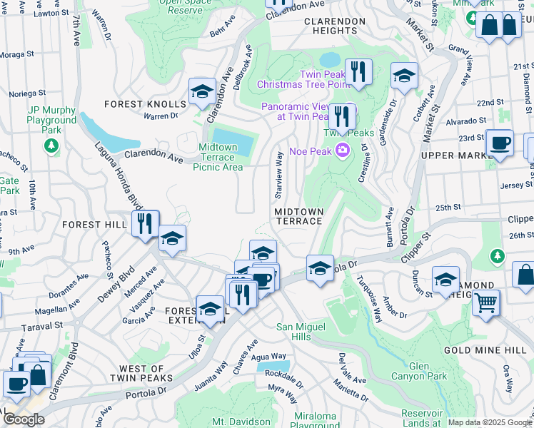 map of restaurants, bars, coffee shops, grocery stores, and more near 221 Panorama Drive in San Francisco