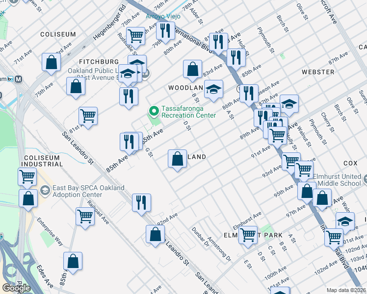 map of restaurants, bars, coffee shops, grocery stores, and more near 1003 87th Avenue in Oakland