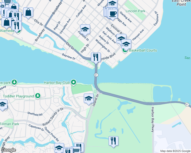 map of restaurants, bars, coffee shops, grocery stores, and more near Bay Farm Island Bridge in Alameda
