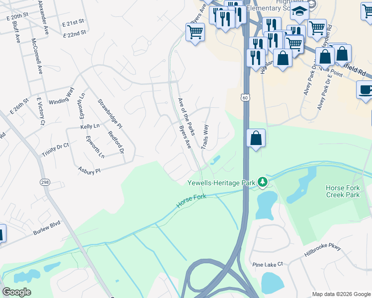 map of restaurants, bars, coffee shops, grocery stores, and more near 3121 Village Gate Cove in Owensboro