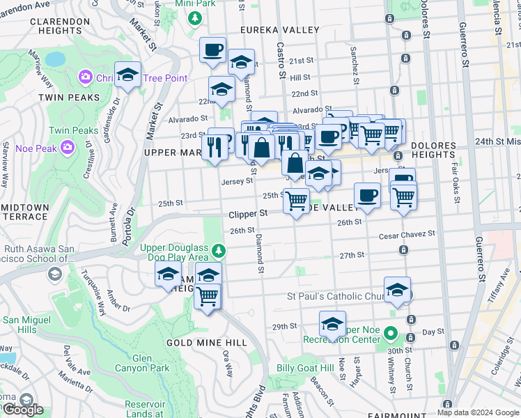 map of restaurants, bars, coffee shops, grocery stores, and more near 1045 Diamond Street in San Francisco