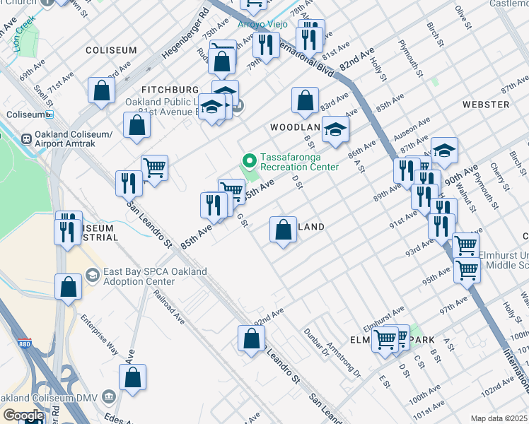 map of restaurants, bars, coffee shops, grocery stores, and more near 954 86th Avenue in Oakland