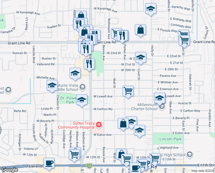map of restaurants, bars, coffee shops, grocery stores, and more near 443 West Emerson Avenue in Tracy