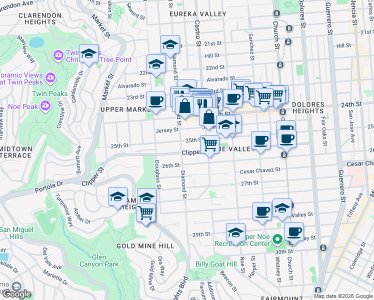 map of restaurants, bars, coffee shops, grocery stores, and more near 1045 Diamond Street in San Francisco