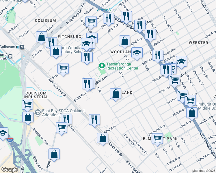 map of restaurants, bars, coffee shops, grocery stores, and more near 954 86th Avenue in Oakland