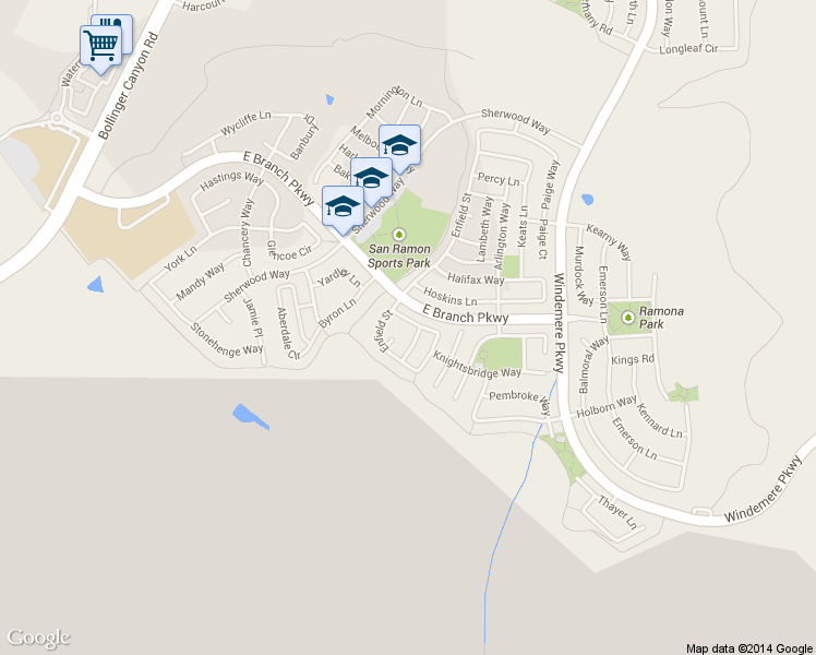 map of restaurants, bars, coffee shops, grocery stores, and more near 3226 Barons Lane in San Ramon