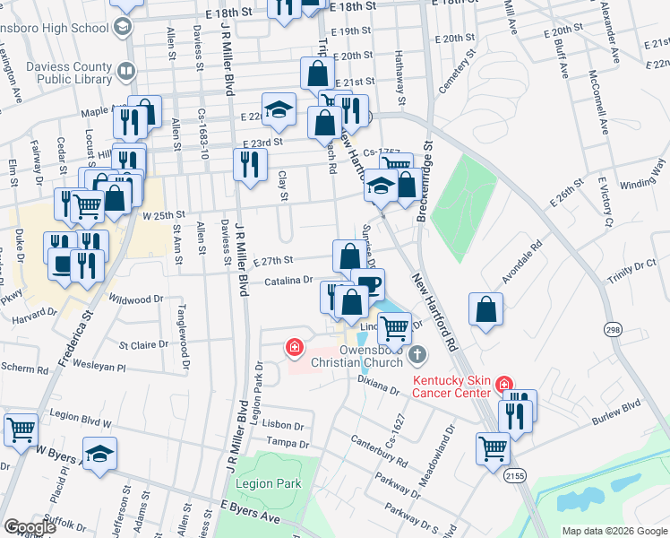 map of restaurants, bars, coffee shops, grocery stores, and more near 2716 Veach Road in Owensboro