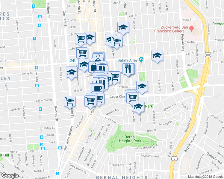 map of restaurants, bars, coffee shops, grocery stores, and more near 3325 26th Street in San Francisco