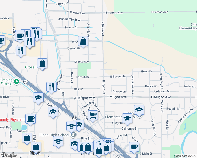 map of restaurants, bars, coffee shops, grocery stores, and more near 210 Boesch Drive in Ripon