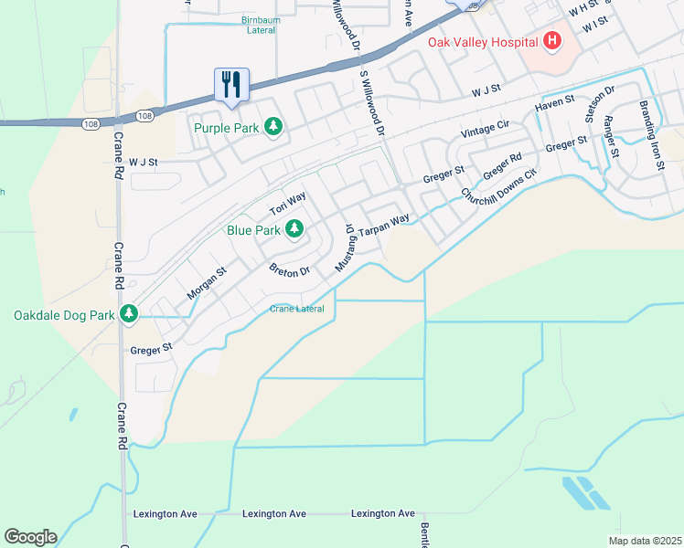 map of restaurants, bars, coffee shops, grocery stores, and more near 2279 Mustang Drive in Oakdale
