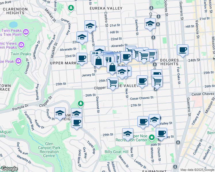 map of restaurants, bars, coffee shops, grocery stores, and more near 418 Clipper Street in San Francisco