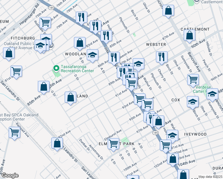 map of restaurants, bars, coffee shops, grocery stores, and more near 8935 A Street in Oakland
