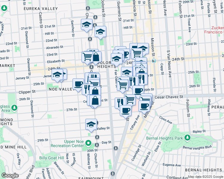map of restaurants, bars, coffee shops, grocery stores, and more near 476 Fair Oaks Street in San Francisco