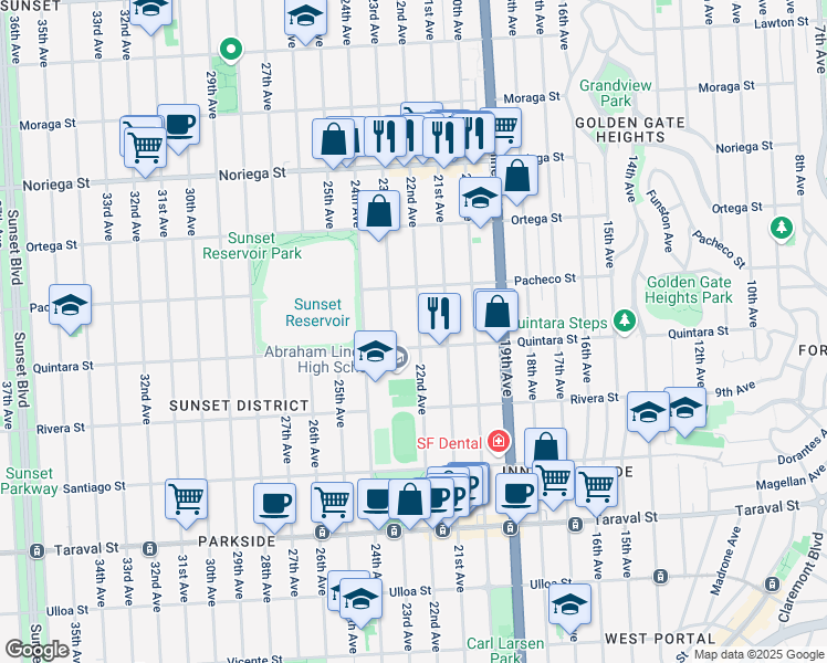 map of restaurants, bars, coffee shops, grocery stores, and more near 2075 22nd Avenue in San Francisco