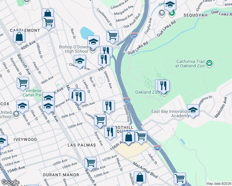 map of restaurants, bars, coffee shops, grocery stores, and more near 9880 Stearns Avenue in Oakland