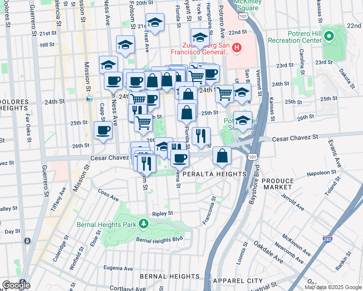 map of restaurants, bars, coffee shops, grocery stores, and more near 1437 Alabama Street in San Francisco
