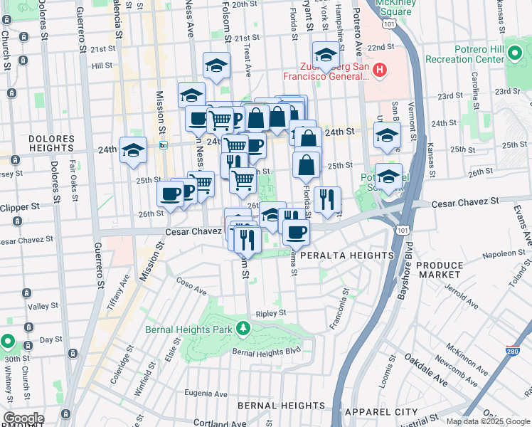 map of restaurants, bars, coffee shops, grocery stores, and more near 3128 Kamille Court in San Francisco