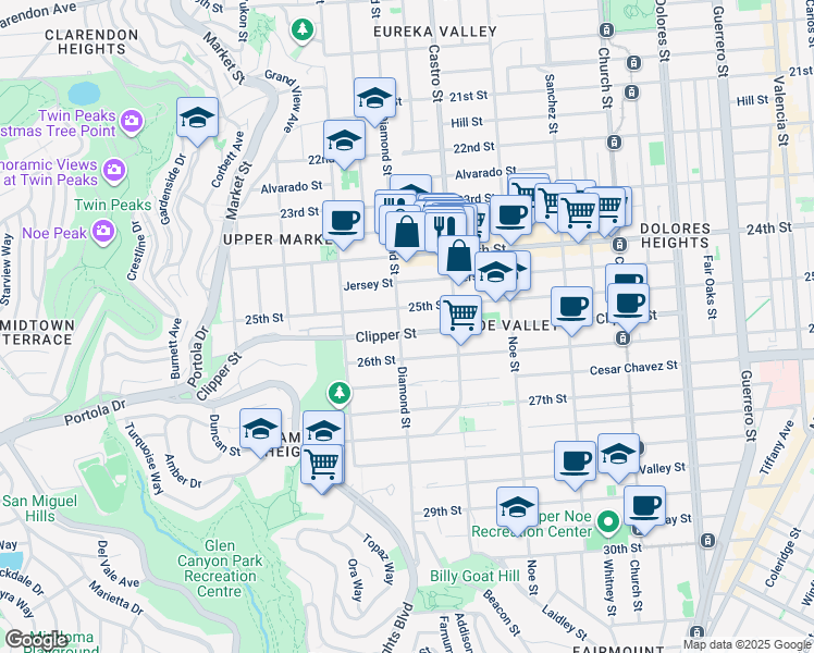 map of restaurants, bars, coffee shops, grocery stores, and more near 1045 Diamond Street in San Francisco