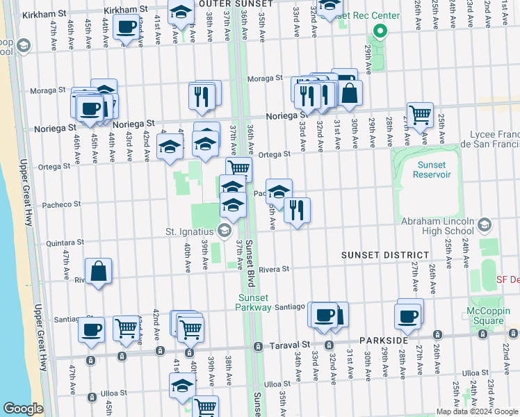 map of restaurants, bars, coffee shops, grocery stores, and more near 2034 36th Avenue in San Francisco