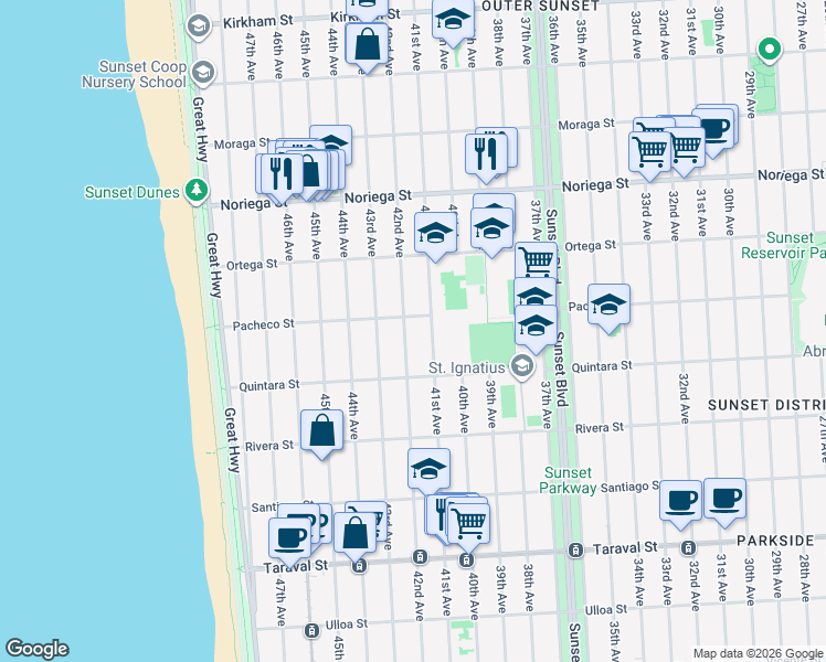 map of restaurants, bars, coffee shops, grocery stores, and more near 2022 42nd Avenue in San Francisco