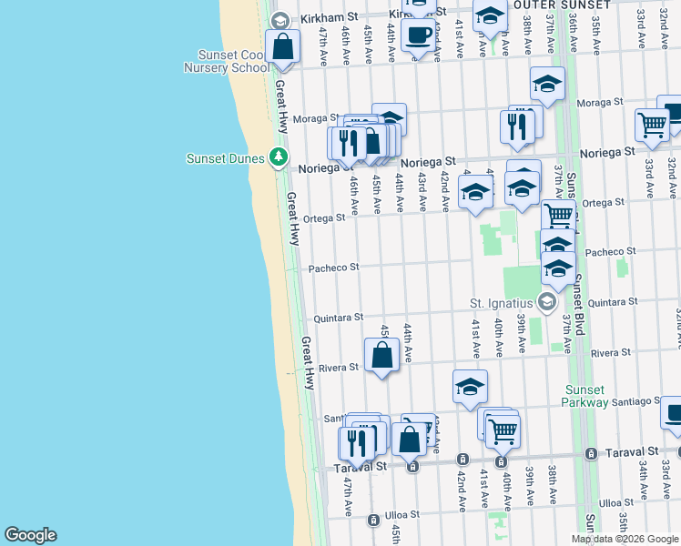map of restaurants, bars, coffee shops, grocery stores, and more near 2007 47th Avenue in San Francisco