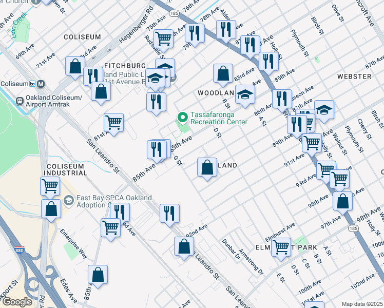 map of restaurants, bars, coffee shops, grocery stores, and more near 948 86th Avenue in Oakland
