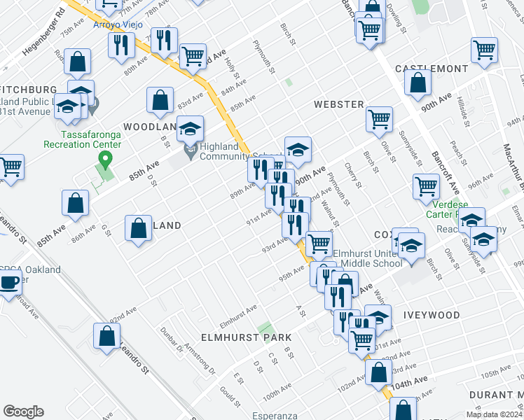 map of restaurants, bars, coffee shops, grocery stores, and more near 1347 91st Avenue in Oakland