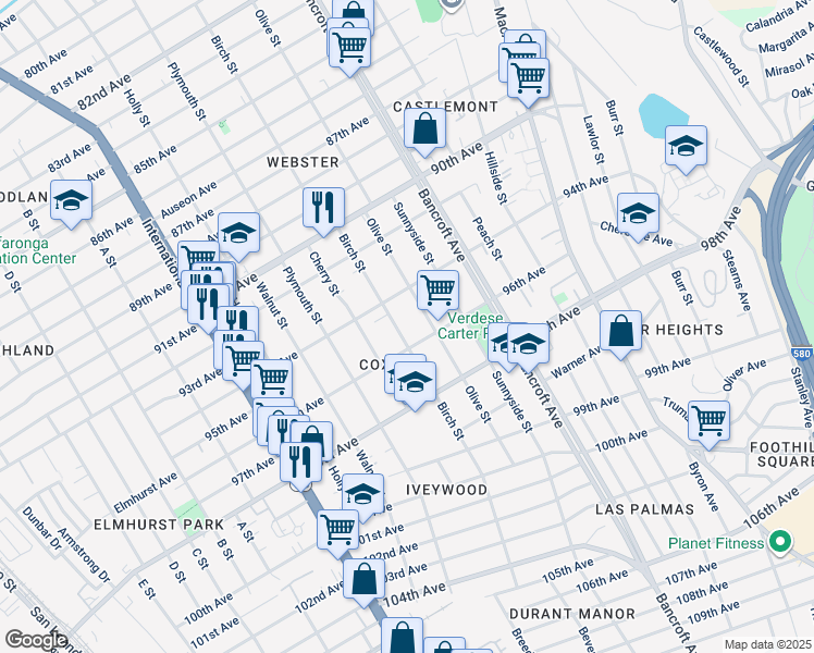 map of restaurants, bars, coffee shops, grocery stores, and more near 9506 Birch Street in Oakland