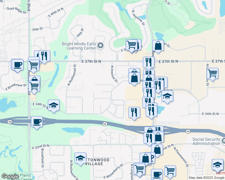 map of restaurants, bars, coffee shops, grocery stores, and more near North Inwood Street in Wichita