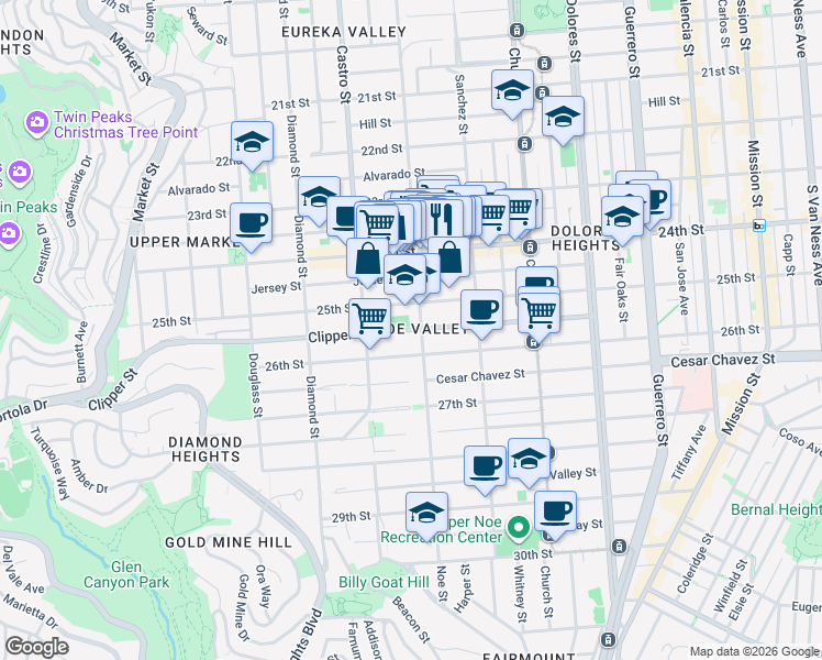 map of restaurants, bars, coffee shops, grocery stores, and more near Clipper Street in San Francisco