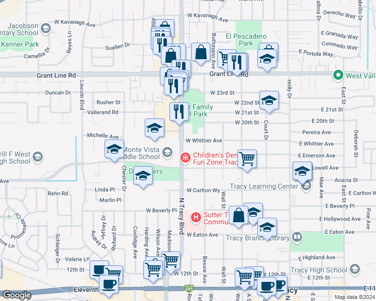map of restaurants, bars, coffee shops, grocery stores, and more near 559 Emerson Avenue in Tracy