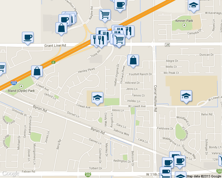 map of restaurants, bars, coffee shops, grocery stores, and more near 2343 Del Mar Court in Tracy