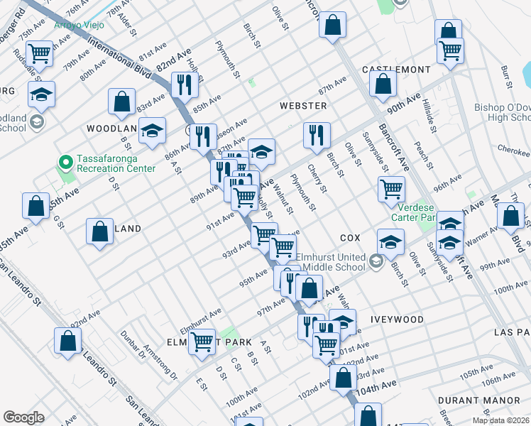 map of restaurants, bars, coffee shops, grocery stores, and more near 1442 92nd Avenue in Oakland