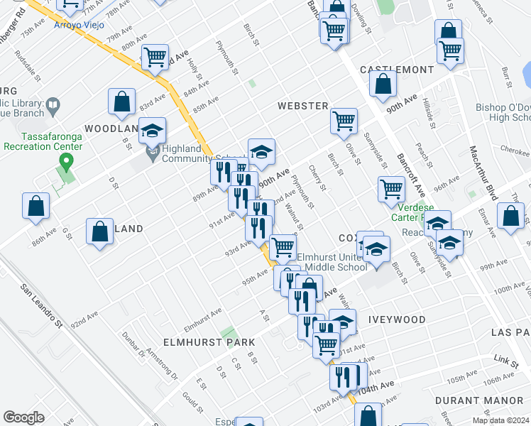 map of restaurants, bars, coffee shops, grocery stores, and more near 1442 92nd Avenue in Oakland