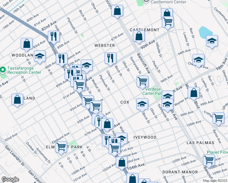 map of restaurants, bars, coffee shops, grocery stores, and more near 1719 94th Avenue in Oakland