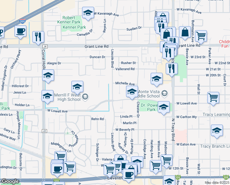 map of restaurants, bars, coffee shops, grocery stores, and more near 1816 Lincoln Boulevard in Tracy